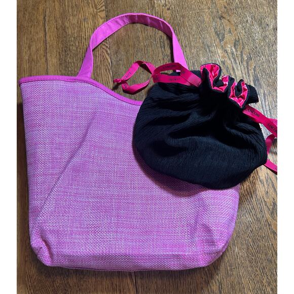 New! Lancôme Synthetic Straw Metro Tote in Pink + Black Drawstring Makeup Bag - Picture 1 of 8